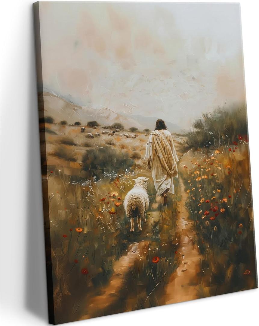 Jesus Leaves the 99 Sheep Canvas Wall Art Jesus and Lamb Painting Wall Decor Picture The Lost Sheep Posters Prints Christian Baptism gifts for Living Room Bedroom Prayer Home Decor 8x10 in canvas