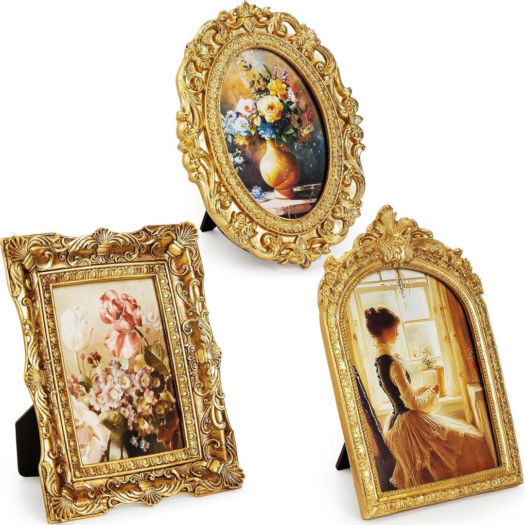 Qunclay 3 Pcs Vintage Resin Picture Frame 4 x 6,5 x 7 Inches Ornate Picture Frames Oval Rectangle Baroque Antique for Wall Hanging Home Wedding (Novel)