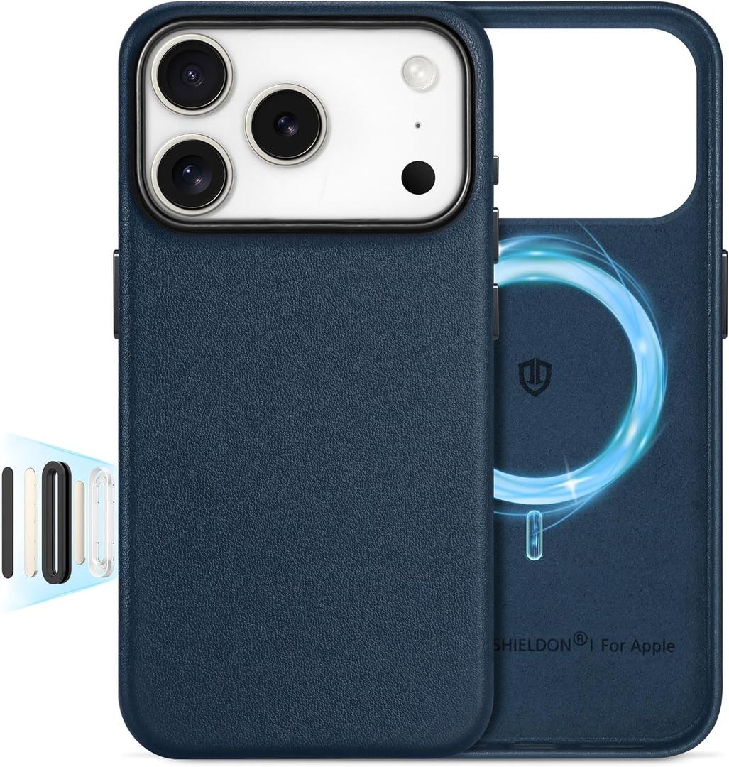 SHIELDON Genuine Leather Case for iPhone 17 Pro 6.3" 2025, [Camera Button Updated], Compatible with Magsafe, Magnetic Wireless Charging, Slim Fit, Shockproof, Metal Button, Camera Bezel - Navy Blue