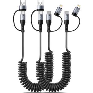 60W Coiled USB C Cable Fast Charging,2Pack 4 in 1 Charging Cable 4FT Retractable Car Charger Cord for CarPlay Short USB C to USB C to Lightning Cable for iPhone 17/16/15/14/13/12/iPad/AirPods/MacBook