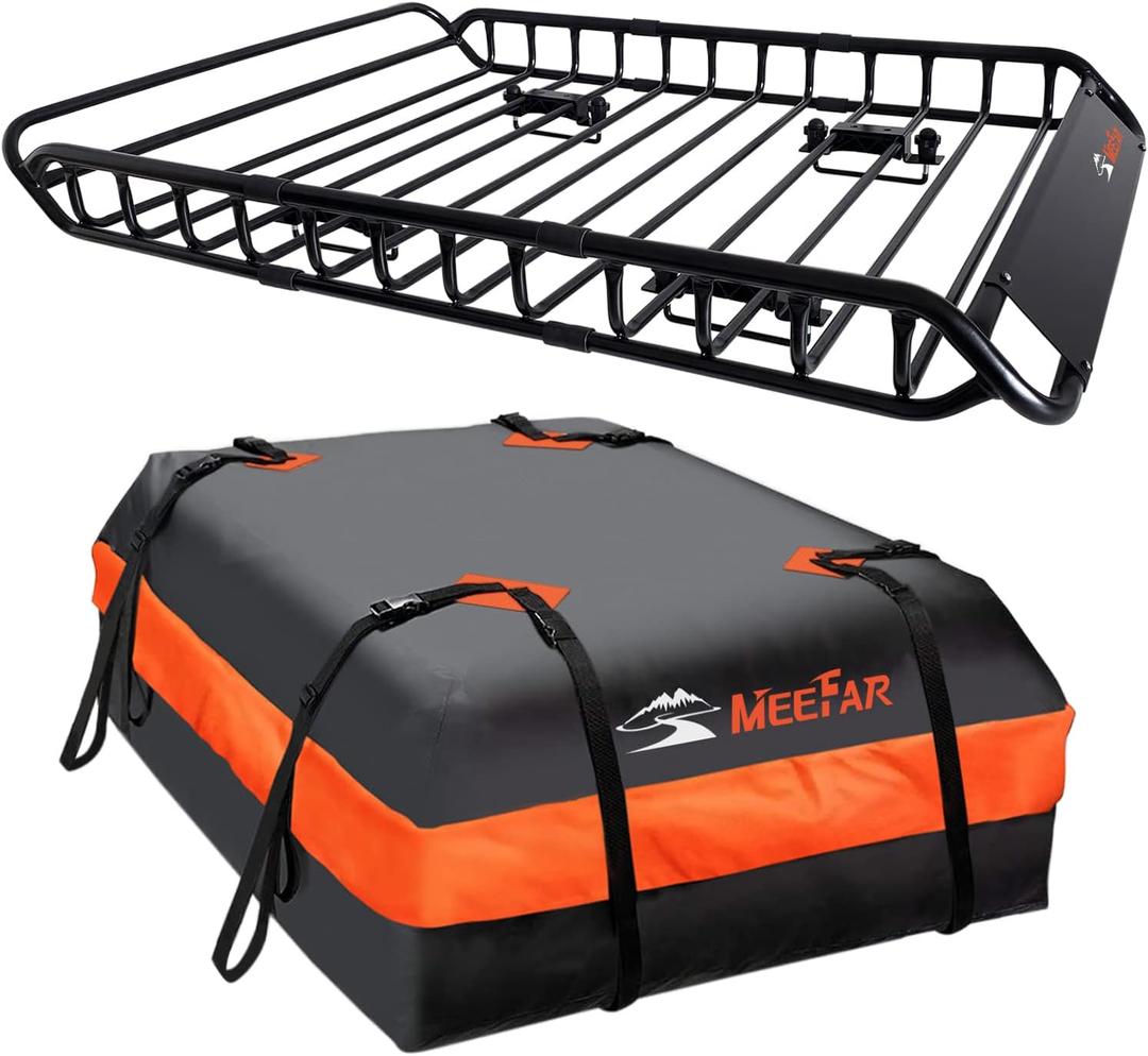 MeeFar Roof Rack Carrier Carrier Basket 51"*36"*5"+Waterproof Bag 15 Cubic Feet(44"*34"*17"),and Cargo Net with Attachment Hooks,Ratchet Straps.200 Lbs Capacity,Universal Rooftop Large Size Roof Rack