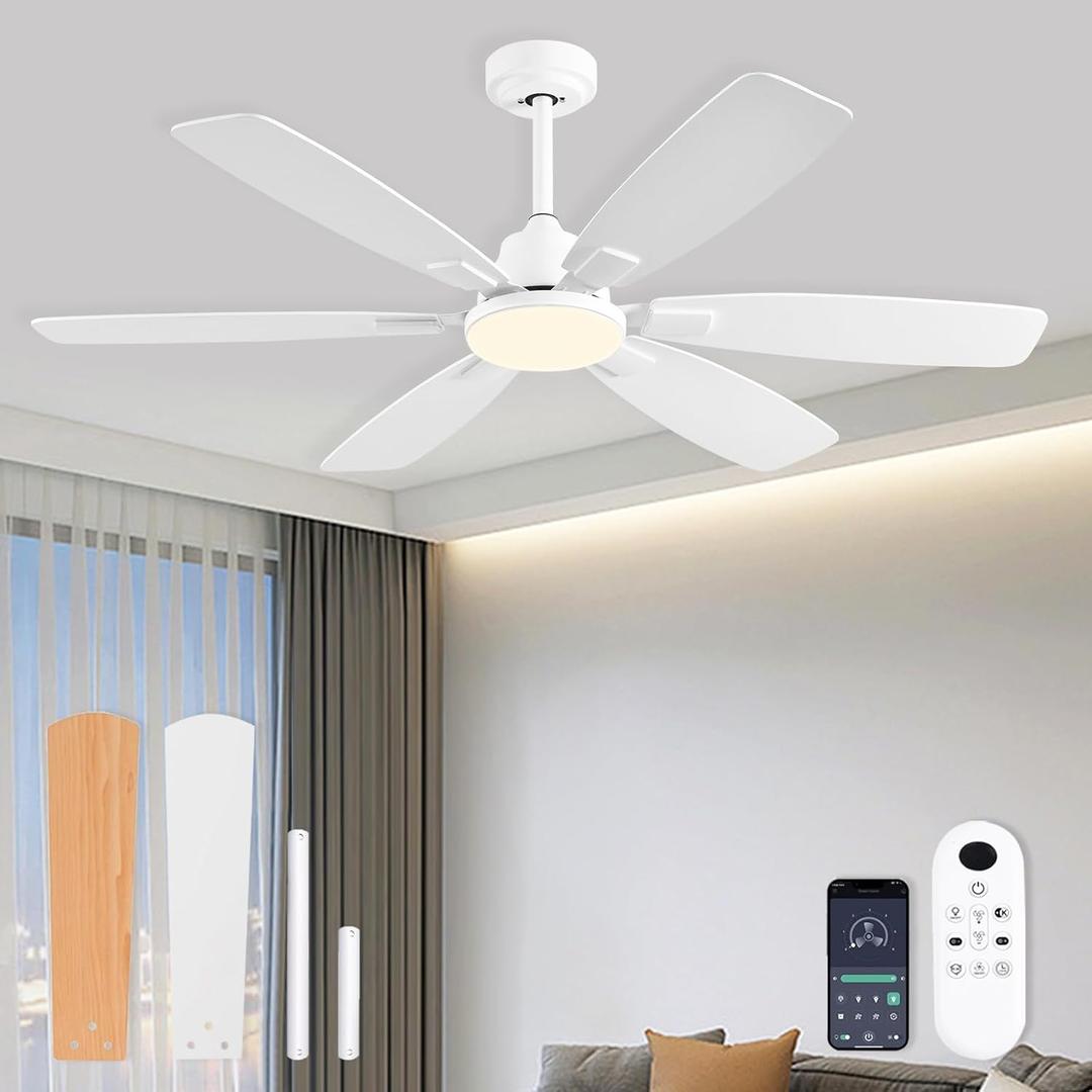 Ceiling Fans with Lights, 52 Inch Ceiling Fan with Light and Remote, 3CCT Dimmable, 6 Speed Reversible DC Motor,6 Blades Modern White Ceiling Fan for Bedroom, Indoor/Outdoor Use