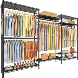 Ulif E13 Max Heavy Duty Clothes RackWith 4 Hanger Rods & 8 Shelves Freestanding Clothing Racks for Hanging ClothesAdjustable ClosetMetal Garment Rack 86" W x16 D x77 HMax Load 1100LBSBlack