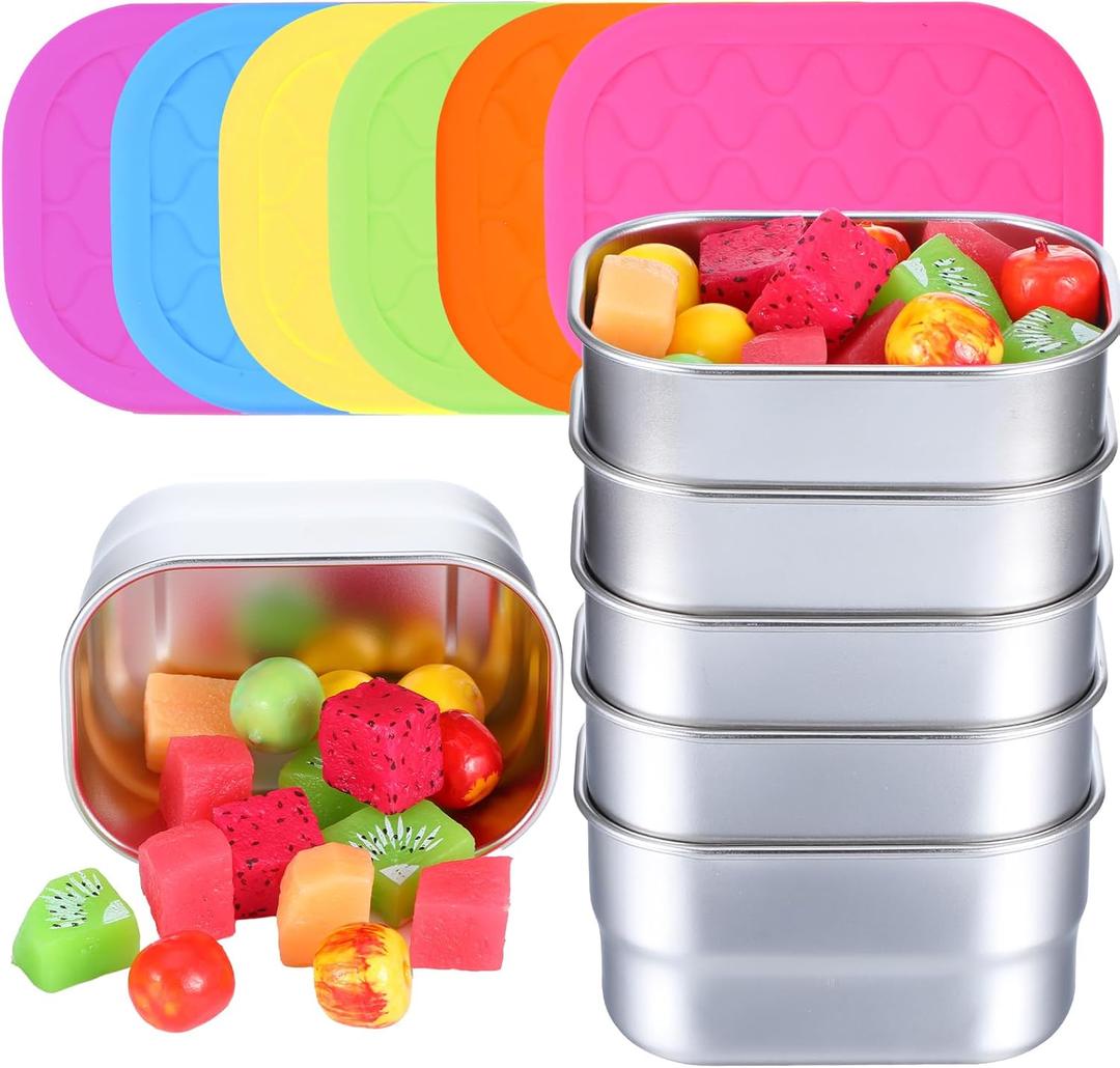 Yolev 6 Pcs Stainless Steel Snack Containers, 8 oz Lunch Containers with Silicone Lids Small Reusable Metal Food Box Stackable for Daycare Home Storage Supplies