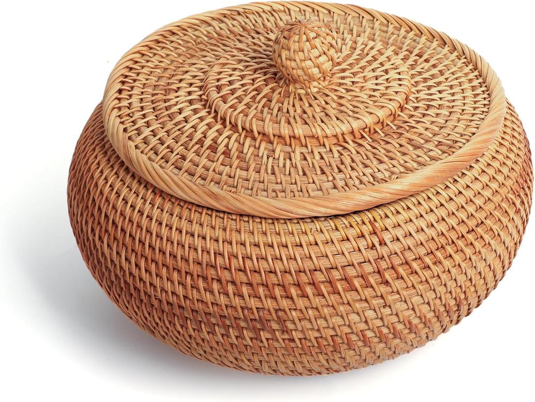 Handwoven Rattan Storage Basket with Lid | Rustic Home Decor | Multi-Purpose Organizer for Kitchen | Sustainable Gift Idea (High:9.06D*6.30H)