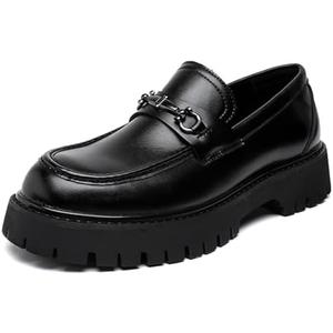 XENTORD Men's Patent Leather Platform Loafers Comfort Non-Slip Lug Sole Slip-On Dress Shoes with Metal Horsebit Detail for Business Office & Casual (Black B, 10)