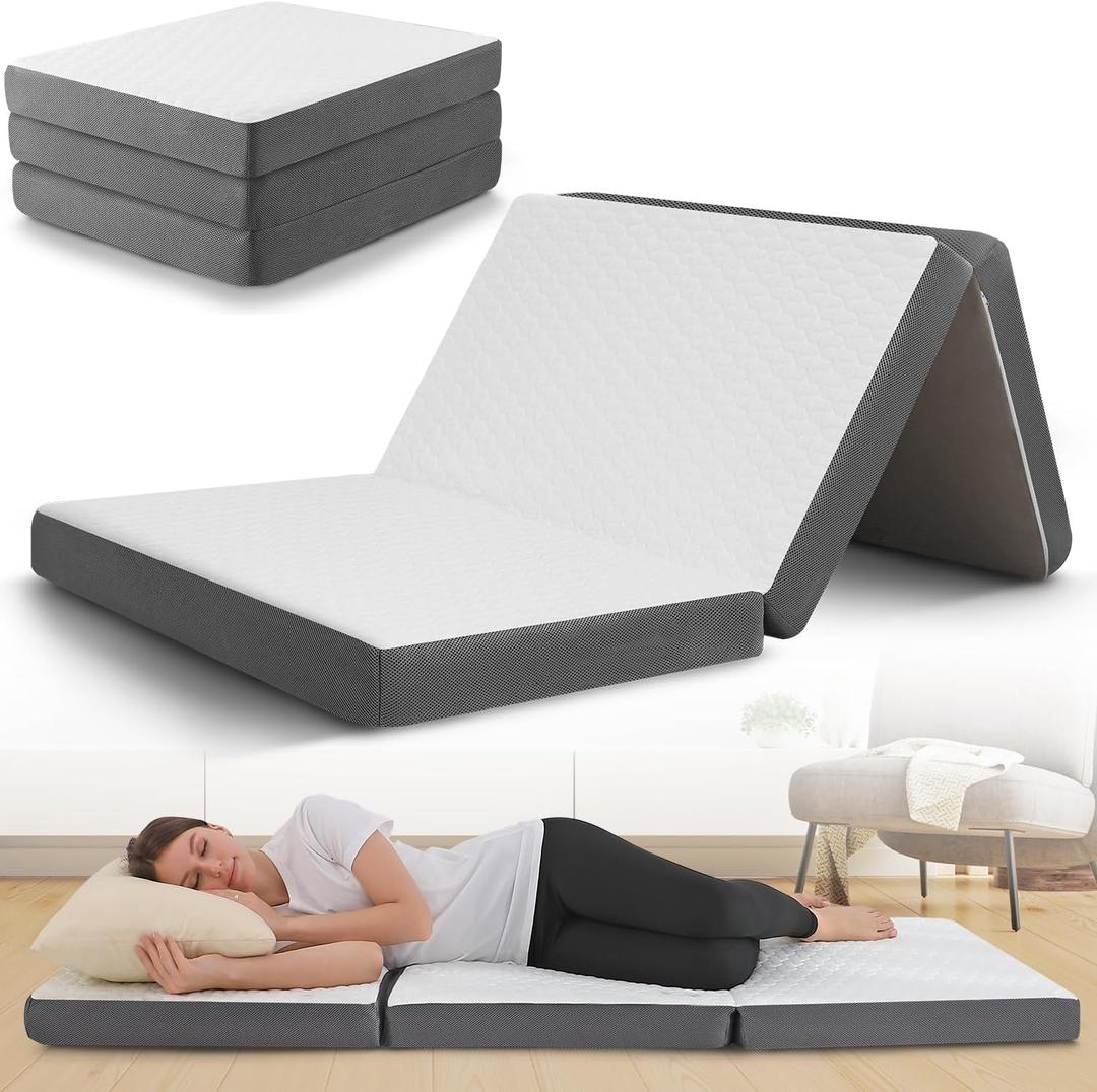 Tri Folding Mattress Twin with Memory Foam Layer - 4 Inch Foldable Bed with Washable Cover | Twin Size 2'' x 6''  Non-Slip Camping Floor Mattress Guest Bed