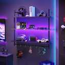 Bestier Gaming LED Floating Shelves for Wall, 41" Wall Mounted Shelf Pipe Glass Shelves, 3 Tier Hanging Display Rack with 8 S-Hooks Towel Bar, Kitchen Gaming Room Wall Decor, Carbon Fiber Black