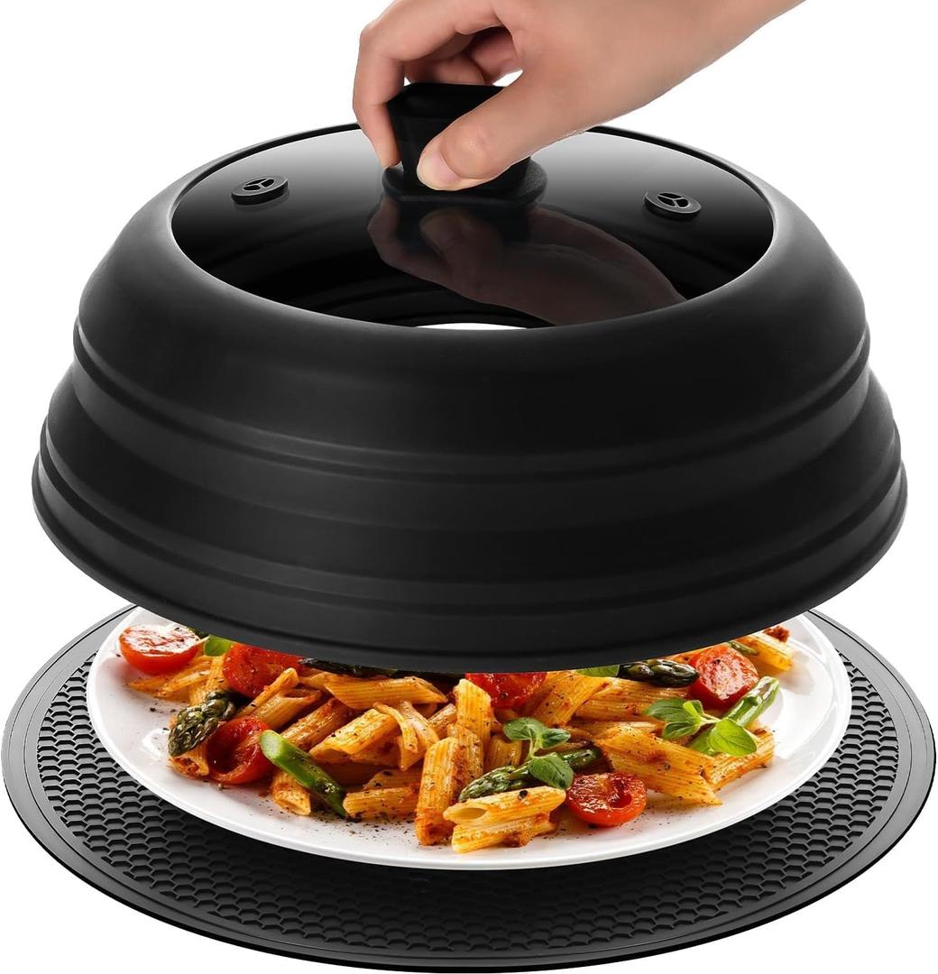 Lzerking Microwave Splatter Cover & Silicone Mat, 10.8 inch Glass Splatter Guard Lid with Collapsible Silicone for Food, Fits 6-10 inch Pot Plate Bowl, Heat Resistant, Dishwasher Safe, Kitchen, Black