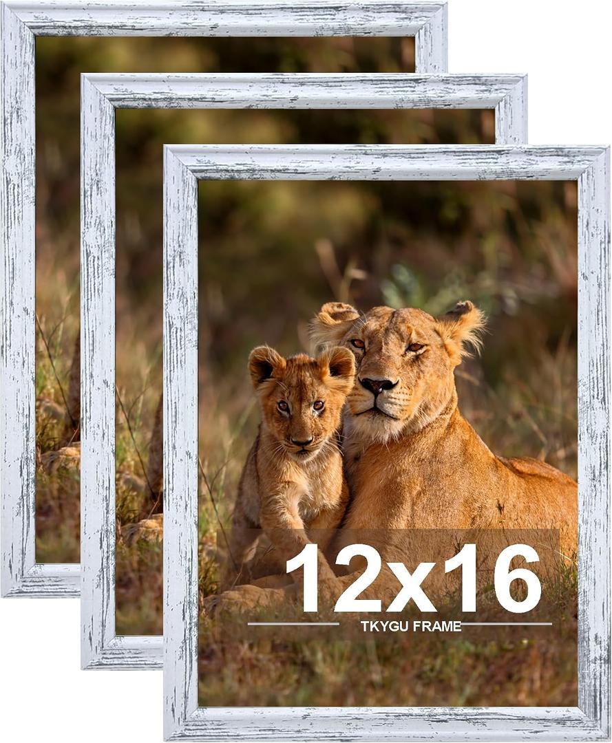 12x16 Picture frame set of 3, Woode frames Rustic White Wall Mounting Horizontally or Vertically, 12 by 16 Wall Gallery Poster Photo Frame with Shatter Resistant Plexiglass,best gift, 12X16in