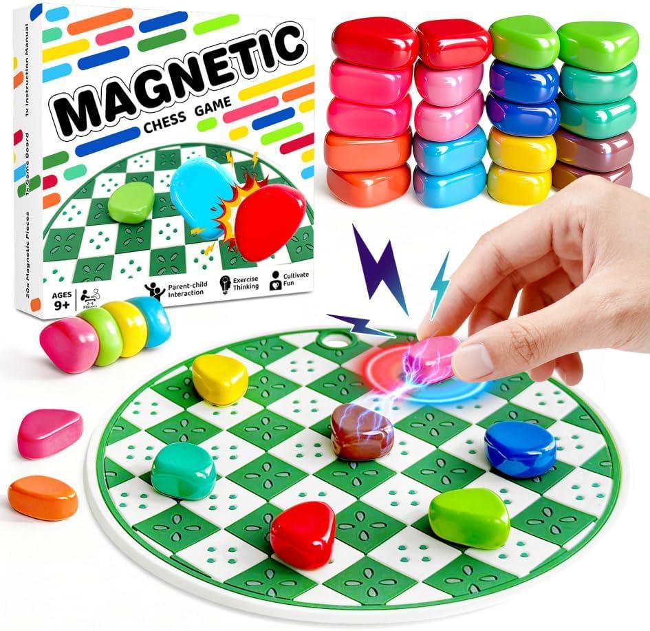 2-in-1 20 Colorful Magnet Game with String and Silicone Mat, Magnetic Stones Game for Kids, Magnetic Chess Set, Puzzle Strategy Games for Family and Party, 2 Player Magnetic Chess Game