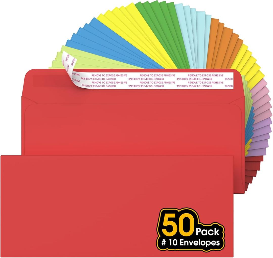 CREGEAR 50 Pack #10 Colored Self Seal Security Envelopes, 4-1/8" x 9-1/2", 24 lb, Seal Security Tinted, Peel and Seal, Windowless Envelopes Letter Size for Office Checks Business