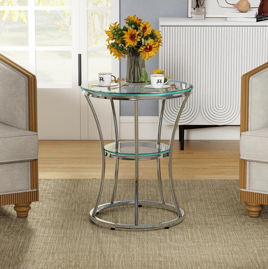O&K FURNITURE Round End Table with Tempered Glass, Small Silver Side Table for Small Spaces, Nightstand with Shelf for Living Room, Bedroom, Office, Chrome Finish, 1 PC
