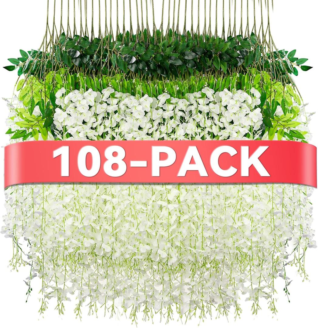 Alotiki Wisteria Hanging Flowers,108 Pack Fake Hanging Flowers,Wisteria Artificiales Garland for Home Wedding Arch Floral Party Garden Ceremony Outdoor Decor,3.6 Feet Long(108,White)
