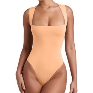 REORIA Womens Sexy Casual Sleeveless Square Neck Tummy Control Thong Bodysuits Tank Tops Sexy Plus Size Peach Fuzz X-Large