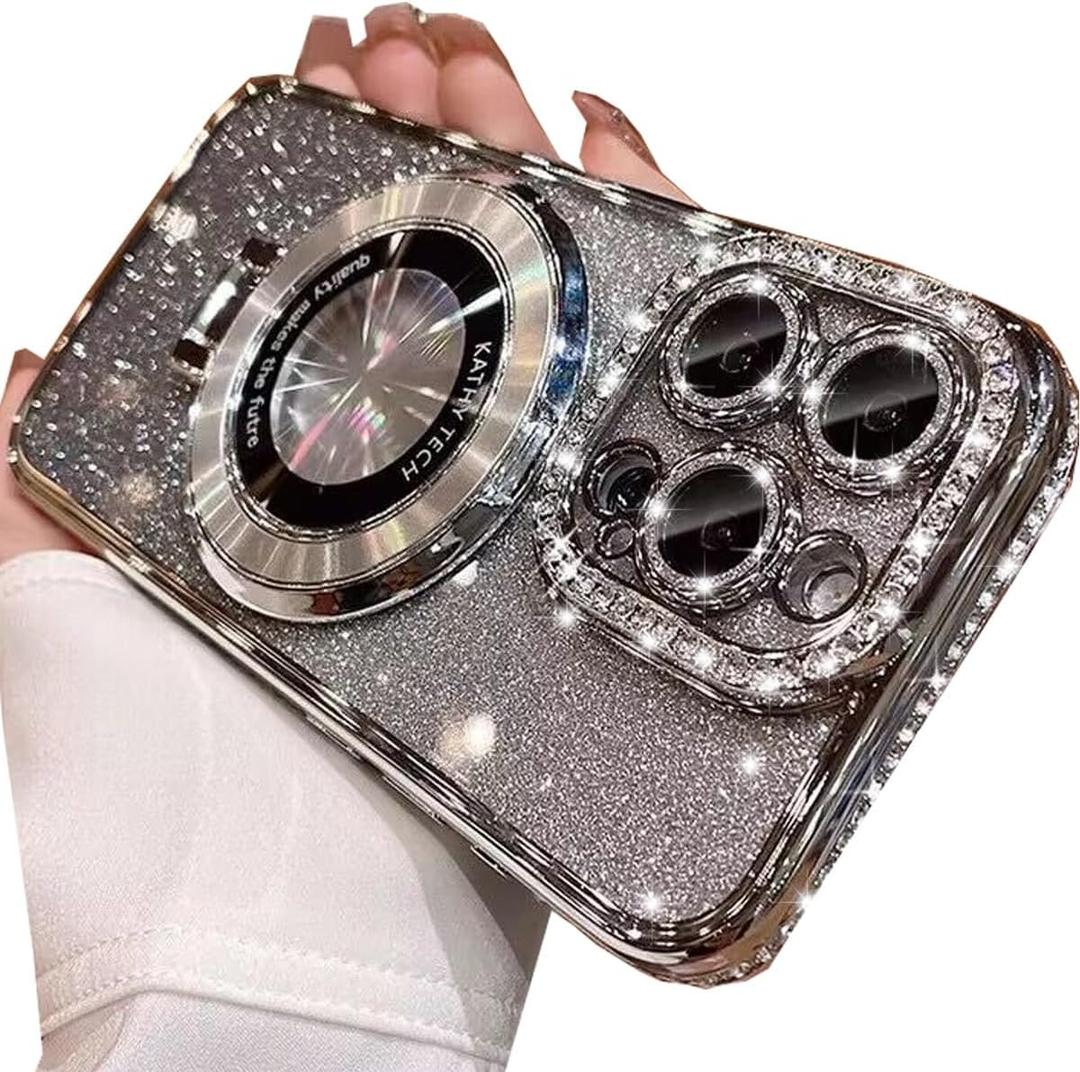 Changjia Magnetic Kickstand Glitter Case for iPhone 16 Pro, [Compatible with Magsafe] Luxury Bling Sparkly Diamond Rhinestone with Camera Protector Women Girls Phone Case for iPhone 16 Pro 6.3",Silver