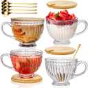 Cididu Large Glass Vintage Latte Mugs Set of 4, 12 Oz Ribbed Cups with Bamboo Lids and Spoons for Cappuccino, Tea, Hot and Cold Drinks, Embossed Breakfast Cup Gift for Coffee, Espresso, Juice, Milk