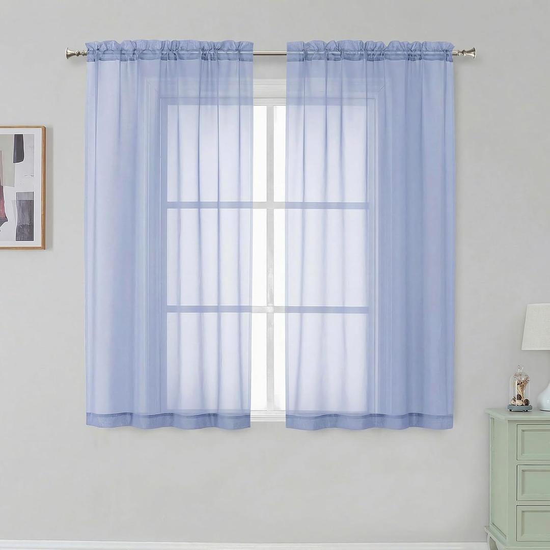 Simplebrand Denim Short Sheer Curtains 45 Inch Length for Small Windows, Rod Pocket 2 Panels Set Solid Voile Drapes Window Sheer Curtains for Bedroom Bathroom Kids Room Kitchen, 42x45 Inch, Denim