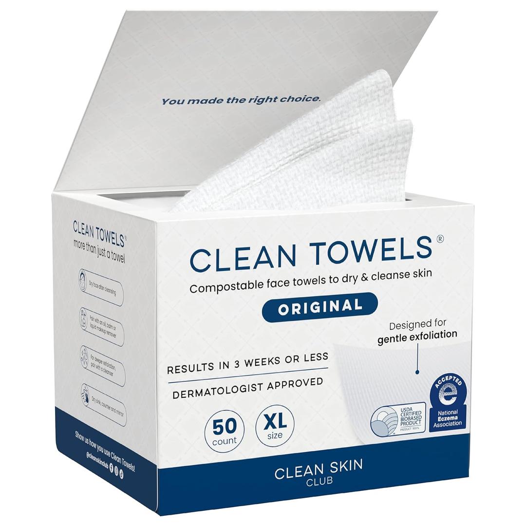 Clean Skin Club Clean Towels XL, 100% USDA Biobased Face Towel, Disposable Face Towelette, Eczema Association Accepted, Makeup Remover Dry Wipes, Ultra Soft, 1 Pack, 50 Ct