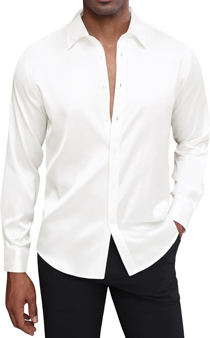 J.VER Men's Silk Satin Long Sleeve Dress Shirts Shiny Casual Button Down Shirt Luxury Party Prom Shirts Large