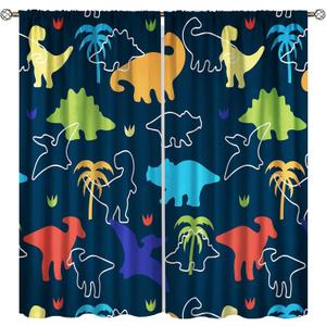 Boys Dinosaur Curtains, Cartoon Dino Kids Window Treatments for Boys Girls Children Nursery Living Room Bedroom, Colorful Safari Animal Navy Blue Drapes 2 Panel Sets,42x45 Inch