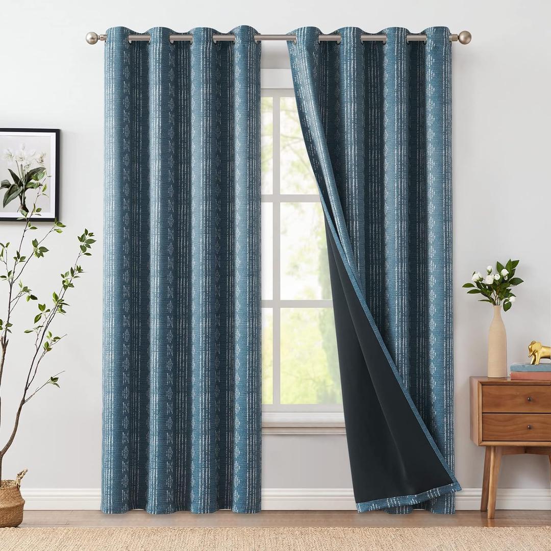 jinchan 95% Blackout Boho Curtains 84 Inches Long for Bedroom White on Blue Geometric Printed Grommet Top Room Darkening Thermal Insulated Window Drapes 2 Panels