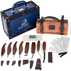 KONDITO Complete Wood Carving Kit  Premium Carving Knives Set with 7Cr17 Steel Blades, Safety Gloves, Honing Strop, Roll Bag & Gift Storage Case  Woodworking Tool Set for Adults & Beginners