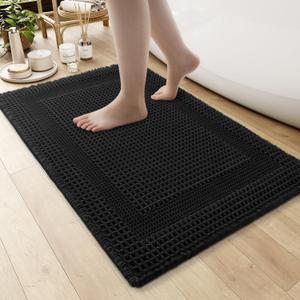AMOAMI Waffle Bath-Mat, Absorbent Bath Mats for Bathroom Non Slip, Machine Washable Bathroom Rugs with Tassels Ultra Soft Boho Bath Rugs for Floor 24"x36" Black