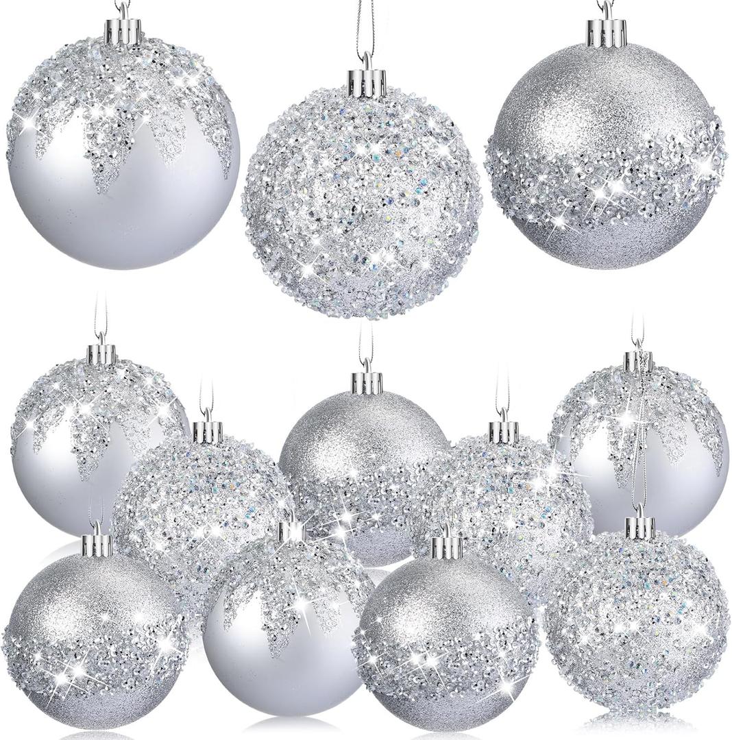 Syhood 12 Pieces Glitter Christmas Ball Ornaments Rhinestone Sequin Christmas Decorations Hanging Plastic Balls for Xmas Trees Wedding Party Holiday Decorations(3.15 Inch,Silver)