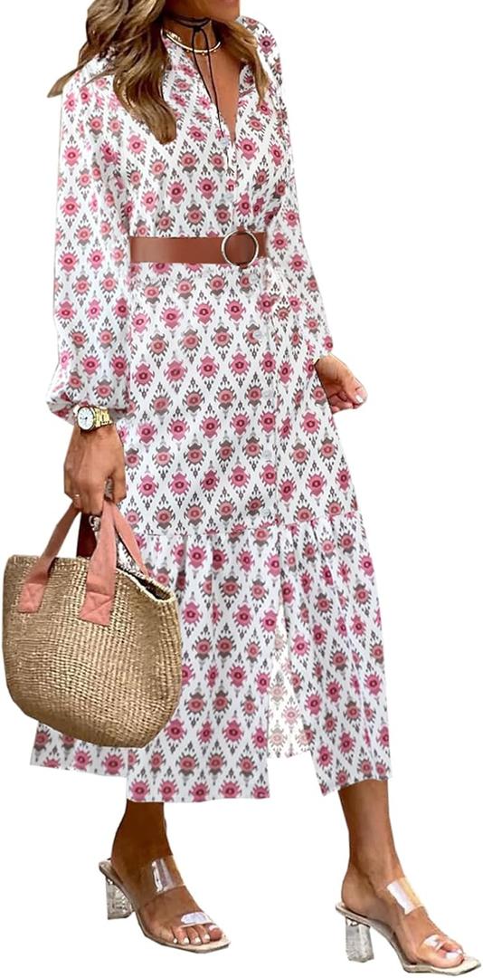 LOLONG Women's Casual Button Front Midi Dresses Spring 2025 Puff Long Sleeve Printed Ruffle Hem Boho Flowy Dress