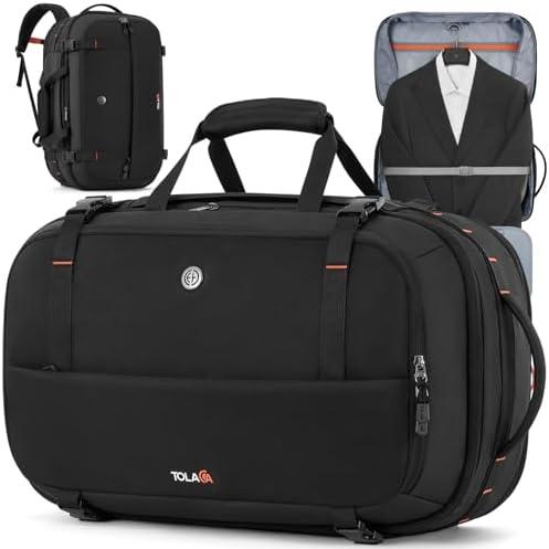Tolaccea Large Convertible Garment Duffel Bag, Suit Carry On Backpack, TSA Flight Approved for Wrinkle-Free Travel with Dual Laptop Storage for 17.3" and 12.9" & Extra Toiletry Bag, 45-55L Expandable, Black