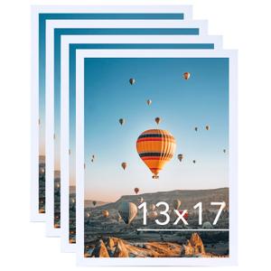 JCJMY 13x17 White Picture Frame Set of 4, Horizontal and Vertical Formats for Wall Hanging, 13 x 17 Wall Gallery Poster Photo Frames with Shatter Resistant Plexiglass, 4 Pack, White