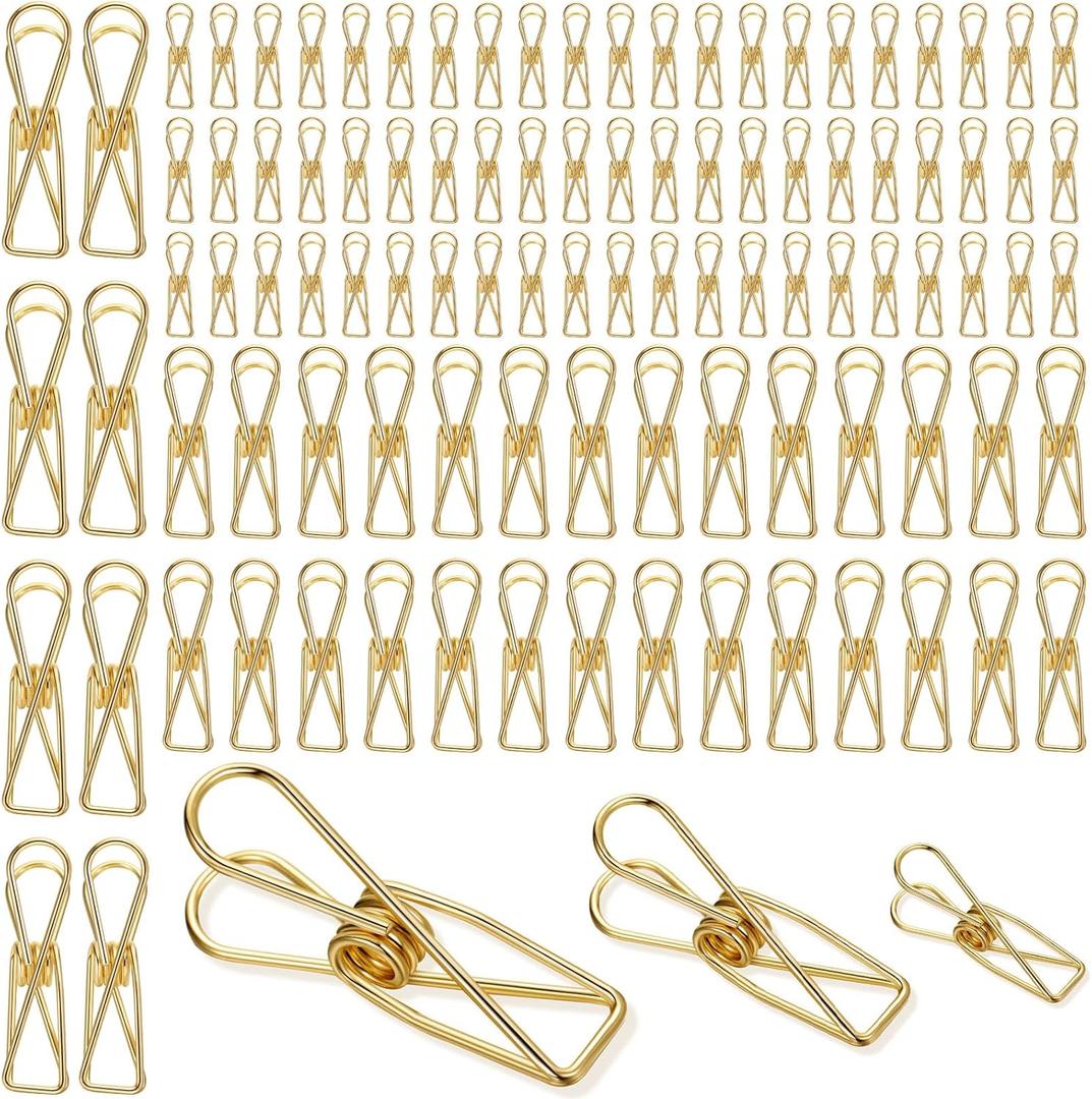 100 Pcs Paper Clips Metal Wire Hollow Out Clothespins Multi Purpose Utility Binder Clips Invoice Bill Stainless Steel Hanging Clothes Pins for School Kitchen Outdoor Office(Small, Medium, Large,Gold)