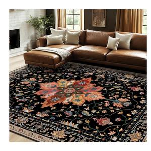 Area Rugs 8'x10' Washable Non-Slip, Floral Vintage Distress Print Pattern Medallion Carpet for Living Room Bedroom Dining Room, Black Colorful Floral Dark Tan