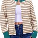 Saodimallsu Womens Striped Cardigan Sweaters Button Down Lightweight Color Block Crewneck Long Sleeve Knit Fall Cardigan, M, 8-10