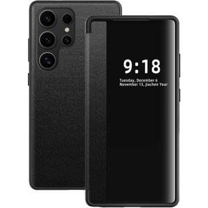 S25 Ultra Flip Case for Samsung Galaxy S25 Ultra 5G Case, Clear View Slim PU Leather Shockproof Cover for Samsung S25 Ultra Phone Case Rugged Hard PC Silicone 360 Anti-Scratch Protective Case (Black)