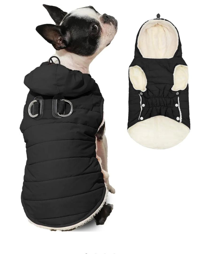 Vecomfy Fleece Lining Dog Hoodie with Harness Built in,Extra Warm Small Dog Jacket in Winter Puppy Coats with Drawstring Hooded,Black M