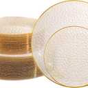 Lullaby 100PCS Clear Plastic Plates with Gold Rim, Includes 50pcs Dinner Plate 10” and 50pcs Dessert Plate 7”, Disposable Heavyduty Plates for Birthdays, Parties and Wedding