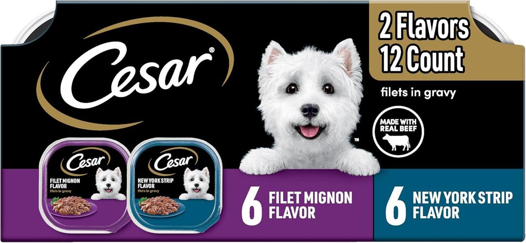 Cesar Filets in Gravy Adult Wet Dog Food Variety Pack, Filet Mignon and New York Strip Flavors, 3.5 oz. Easy Peel Trays, Variety Pack, 12 Count (EXP 12/31/27)