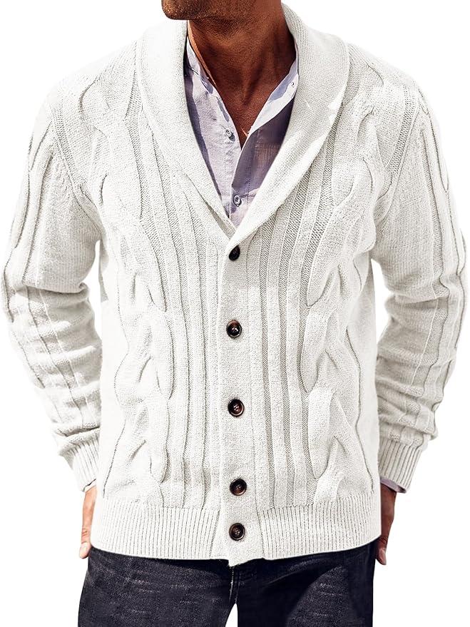 Runcati Mens Cable Knit Cardigan Sweater Shawl Collar Casual Button Down Long Sleeve Sweaters White M