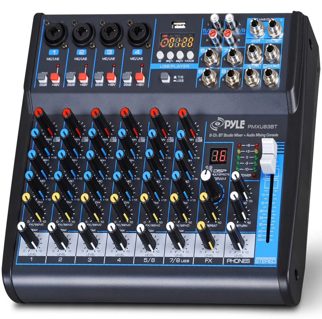 Pyle 8-Channel Bluetooth Studio Mixer - USB, DSP, Phantom Power, DJ/Studio Use