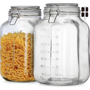 1.1 Gallon Large Glass Food Storage Jars with Airtight Lids,Set of 2 Square Wide Mouth Airtight Glass Storage Container,135oz Kitchen Mason Jar with Measurement Mark,for Flour Sugar Canning.