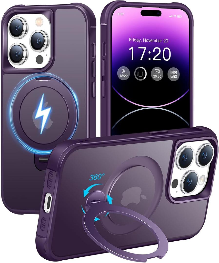 HuwaiH 360 Rotatable Magnetic Ring Stand for iPhone 14 pro Case, Compatible with MagSafe, Military-Grade Shockproof, Anti-Scratch Matte Translucent Phone Case for iPhone 14 pro(Purple)