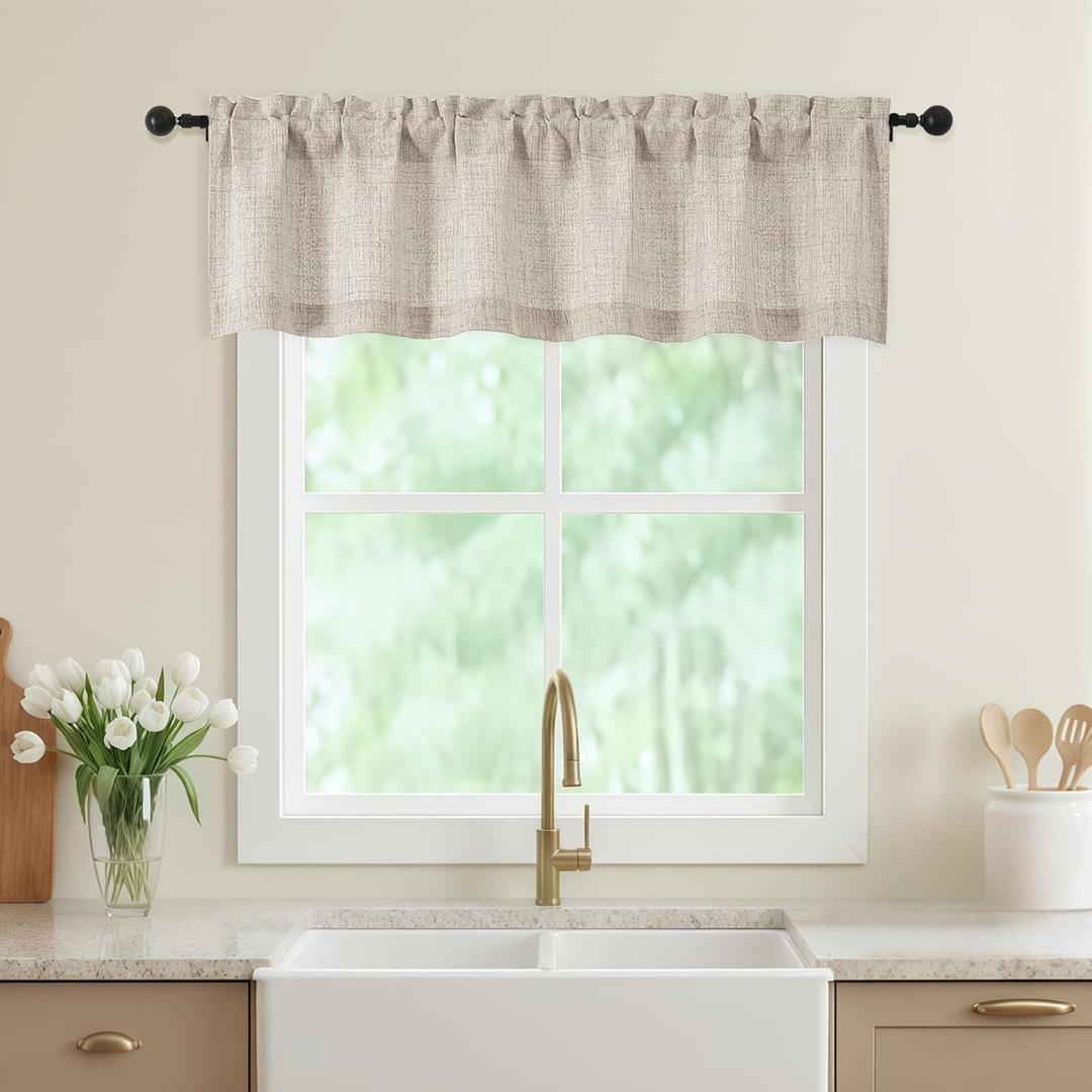 Linen Valances for Windows, Light Filtering Faux Linen Textured Small Short Window Curtain for Bathroom Basement Farmhouse, Rod Pocket Top Half Curtains for Windows, 60Wx14L Inch