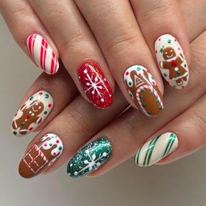 Christmas Press on Nails Short Almond Fake Nails with Gingerbread Man Design Snowflake Glue on Nails Green Red Glitter Stripes Stick on Nails Glossy Reusable Christmas Nails for Women Girls Manicure