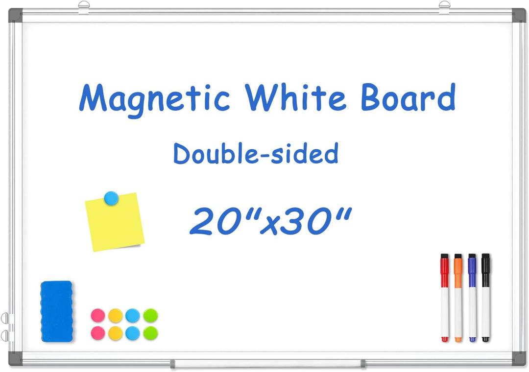 Double-Sided White Board Dry Erase, 20" x 30" Dry Erase Board for Wall with Silver Aluminium Frame, Magnetic Whiteboard for Office, Home, School, Kitchen