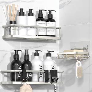 YASONIC Shower Caddy Adhesive, No Drill Bathroom Organizers, Rust Proof Shower Shelves, Wall-Mounted Shower Holder, Silver, 3 Pack