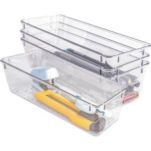 4 PCS Clear Plastic Drawer Organizer, Desk Drawer Divider Organizers and Storage Bins for Makeup, Jewelry, Gadgets for Kitchen, Bedroom, Bathroom, Office (9.0"x3.0"x2.2")