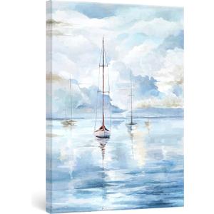 Adecuado Ocean Wall Art Sailboat Nautical Wall Decor for Living Room Bedroom Bathroom Blue Boat Coastal Paintings Seascape Beach Abstract Artwork Contemporary Decorations 16x24 Inch
