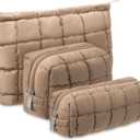 3 Pcs Puffy Makeup Bag Quilted Cosmetic Pouch for Women Cute Checkered Travel Toiletry Bag Puffer Makeup Organizer Purse Pouch Preppy Pencil Case with Zipper (Brown)